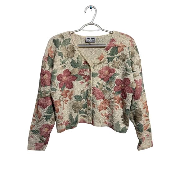 Vintage Big City floral cropped button down sweater womens large cottage grandma - Picture 1 of 7